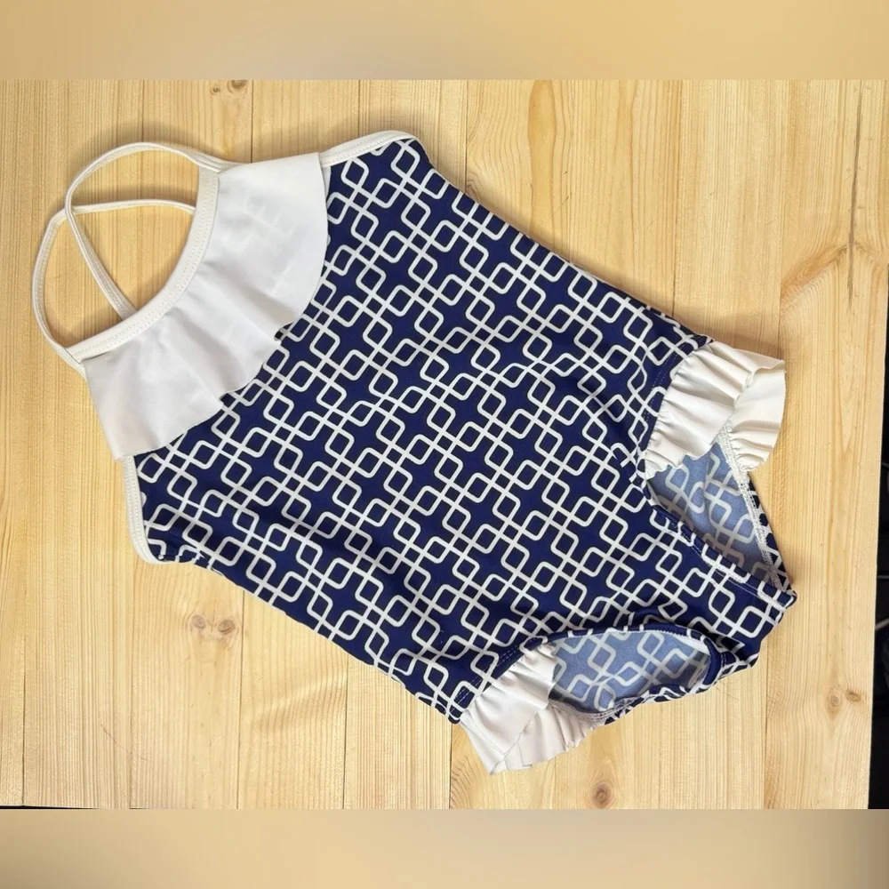 Circo Navy and White Geometric Patterned Swimsuit. Size 4. Great Condition